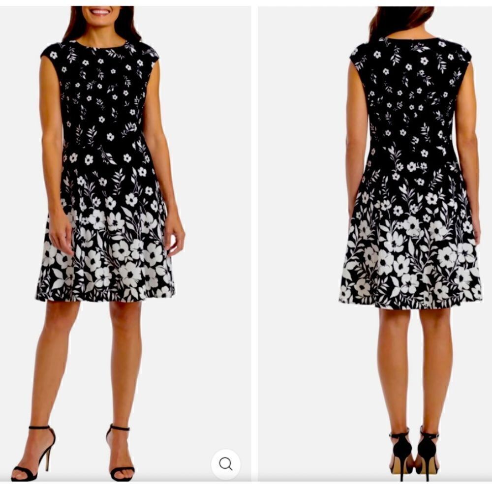 London Times Cap Sleeve Fit And Flare Dress In Black/Blush Size 14